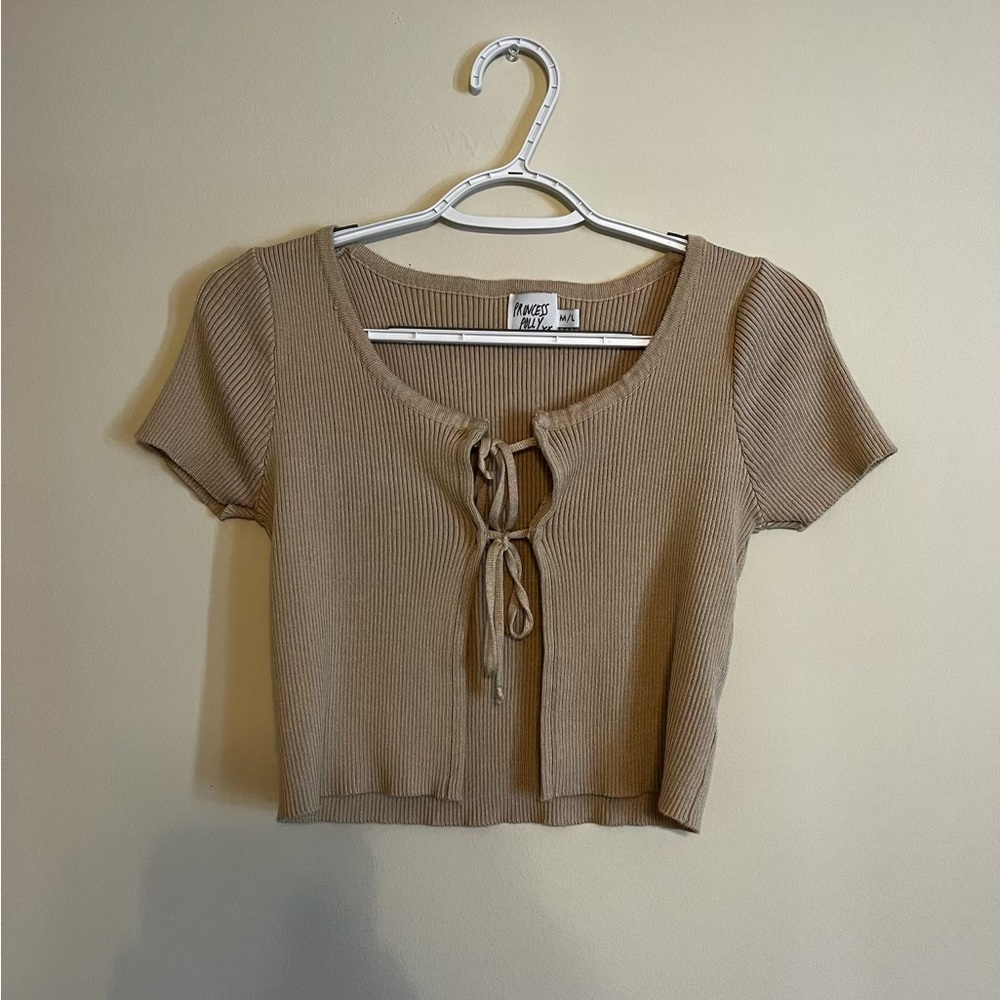 Princess Polly Beige Ribbed Tie-Front Blouse